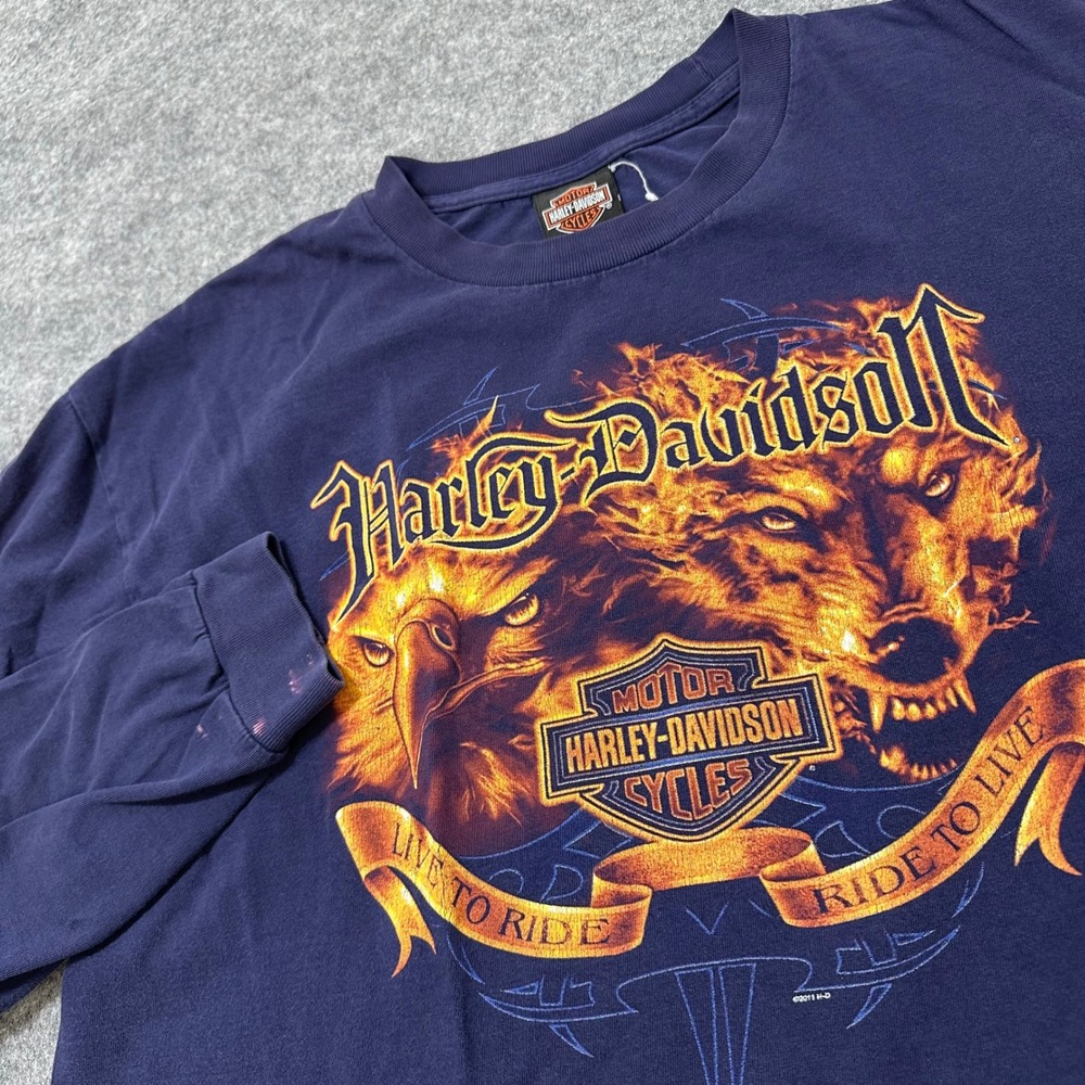 Harley Davidson Long Sleeve Shirt Mens XL Blue Y2K Eagle Wolf Graphic Barnett TX